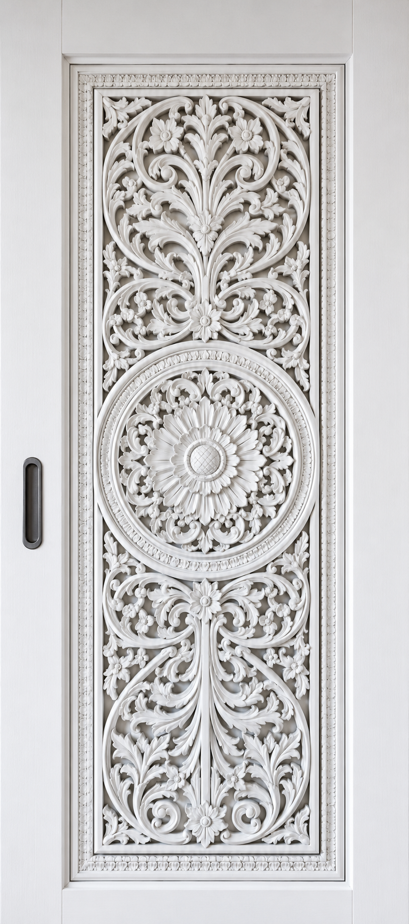 White Hand-Carved Pocket Sliding Door – Floral Mandala Design