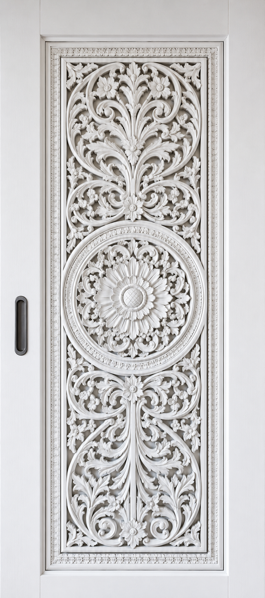White Hand-Carved Pocket Sliding Door – Floral Mandala Design