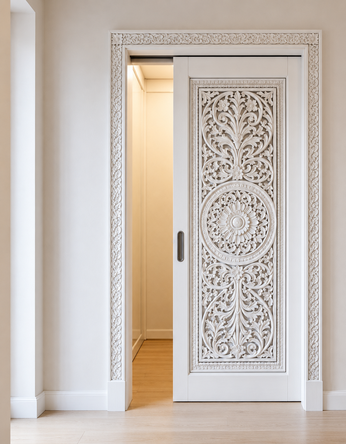 White Hand-Carved Pocket Sliding Door – Floral Mandala Design – view 2
