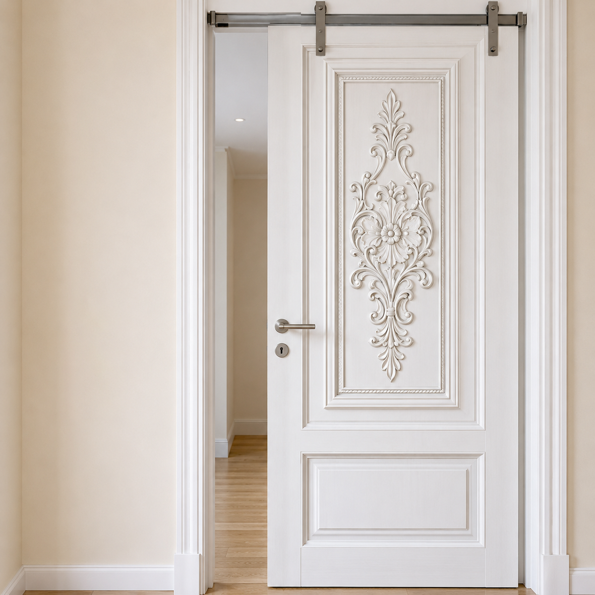 White Hand-Carved Interior Sliding Barn Door – Floral Accent Panels – view 2