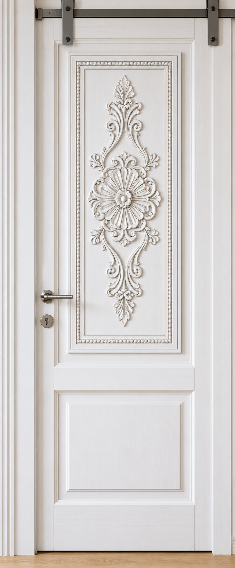 White Hand-Carved Interior Sliding Barn Door – Floral Accent Panels