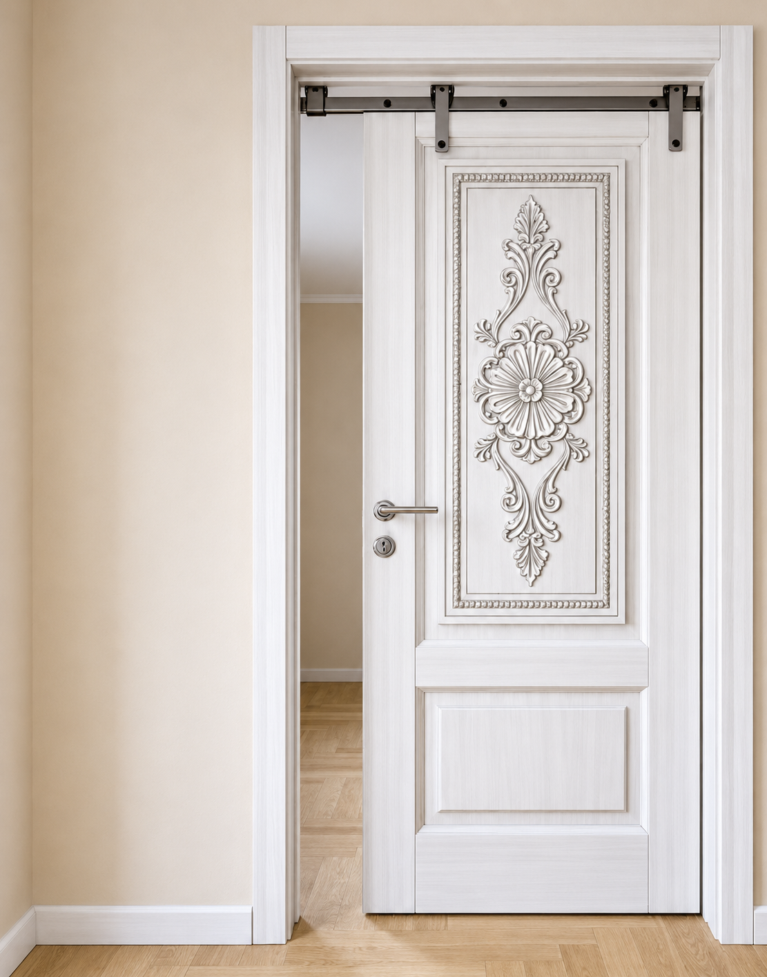 White Hand-Carved Interior Sliding Barn Door – Floral Accent Panels – view 3