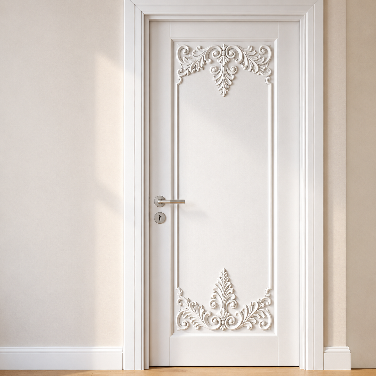 White Hand-Carved Bedroom Door – Ornamental Artisan Carving, Solid Wood – view 2