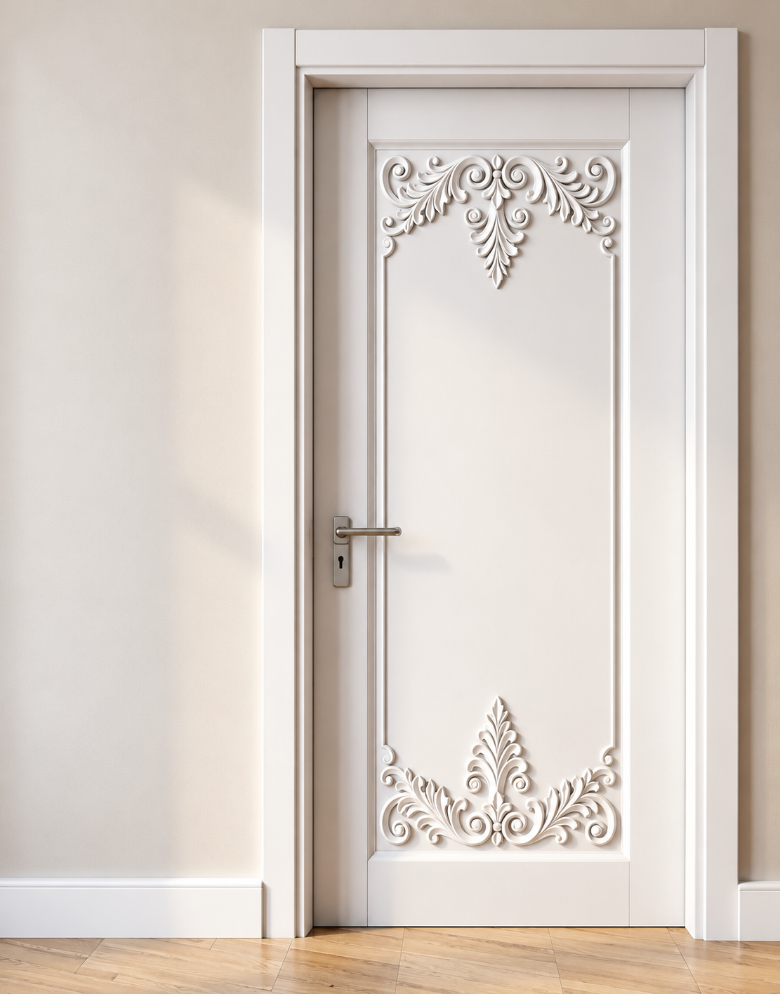 White Hand-Carved Bedroom Door – Ornamental Artisan Carving, Solid Wood