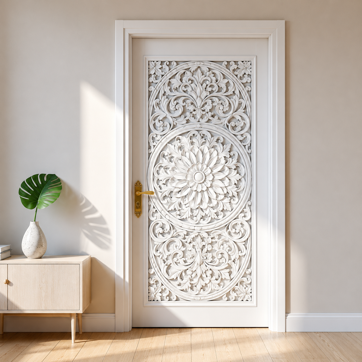 White Hand-Carved Interior Door – Decorative Floral Mandala Carving – view 2