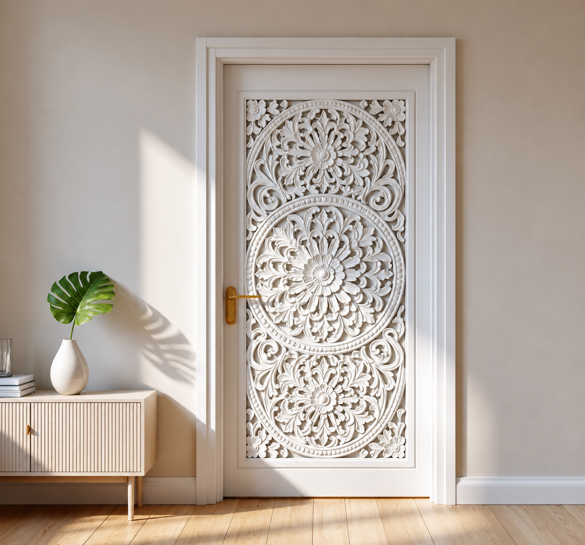 White Hand-Carved Interior Door – Decorative Floral Mandala Carving – view 3