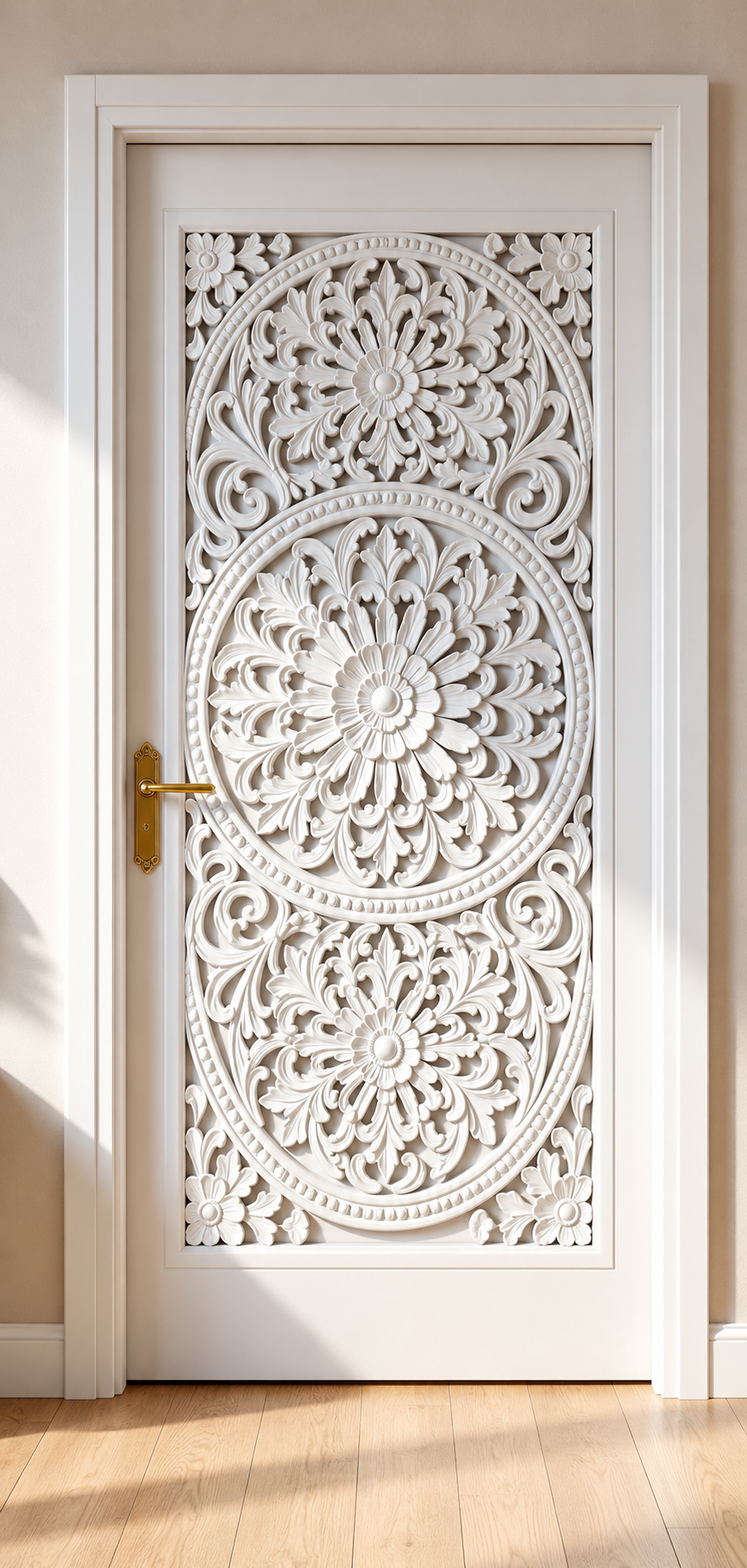 White Hand-Carved Interior Door – Decorative Floral Mandala Carving