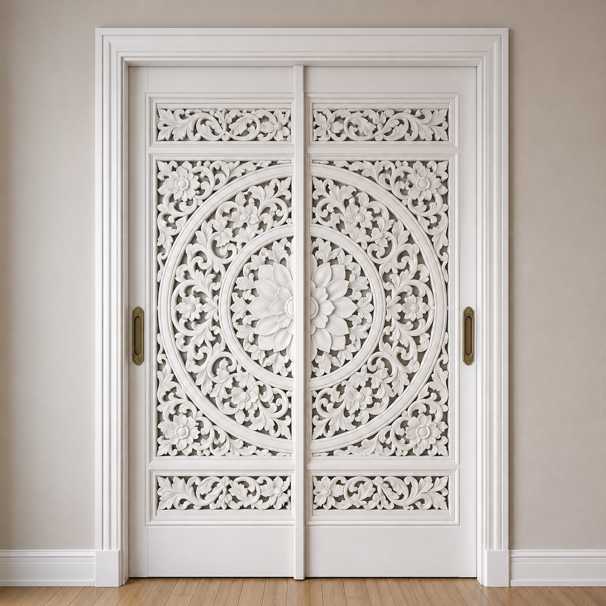 White Hand-Carved Sliding Barn Door – Minimalist Floral Vine Carving – view 2