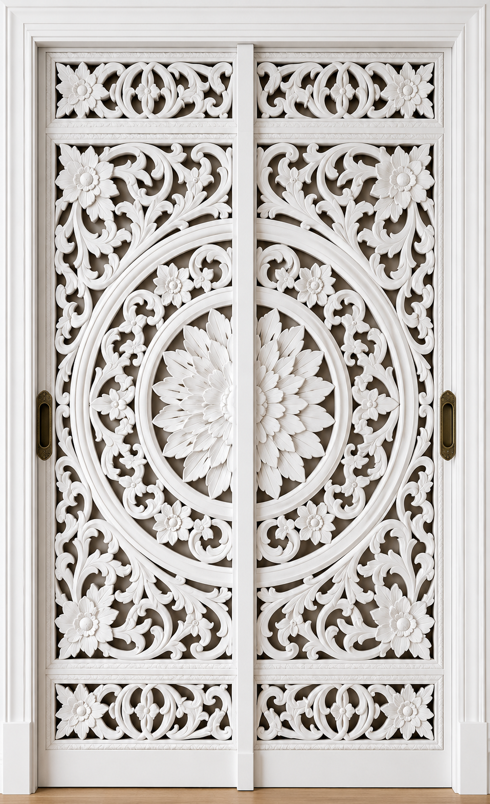 White Hand-Carved Sliding Barn Door – Minimalist Floral Vine Carving