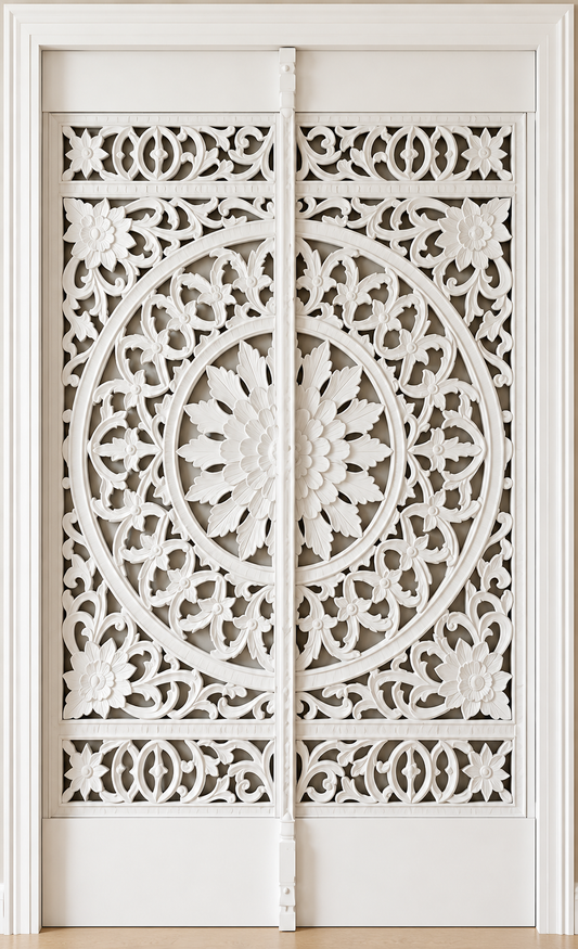 White Hand-Carved Double Sliding Barn Door – Floral Mandala Panels