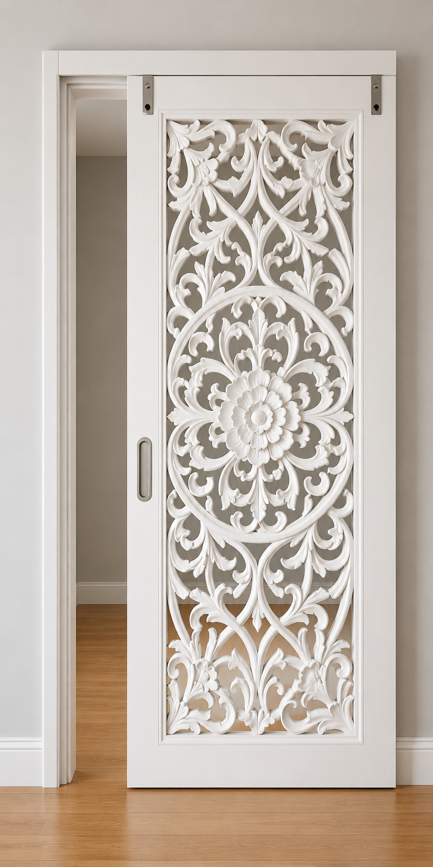White Hand-Carved Sliding Barn Door – Floral Scroll, Solid Wood