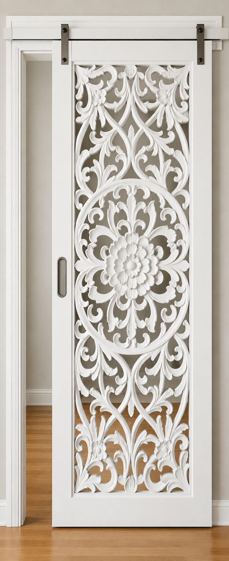 White Hand-Carved Sliding Barn Door – Floral Scroll, Solid Wood – view 2