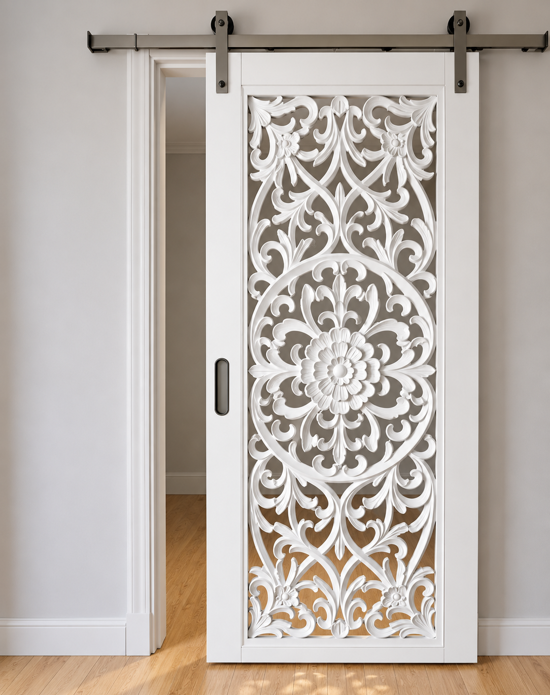 White Hand-Carved Sliding Barn Door – Floral Scroll, Solid Wood – view 3