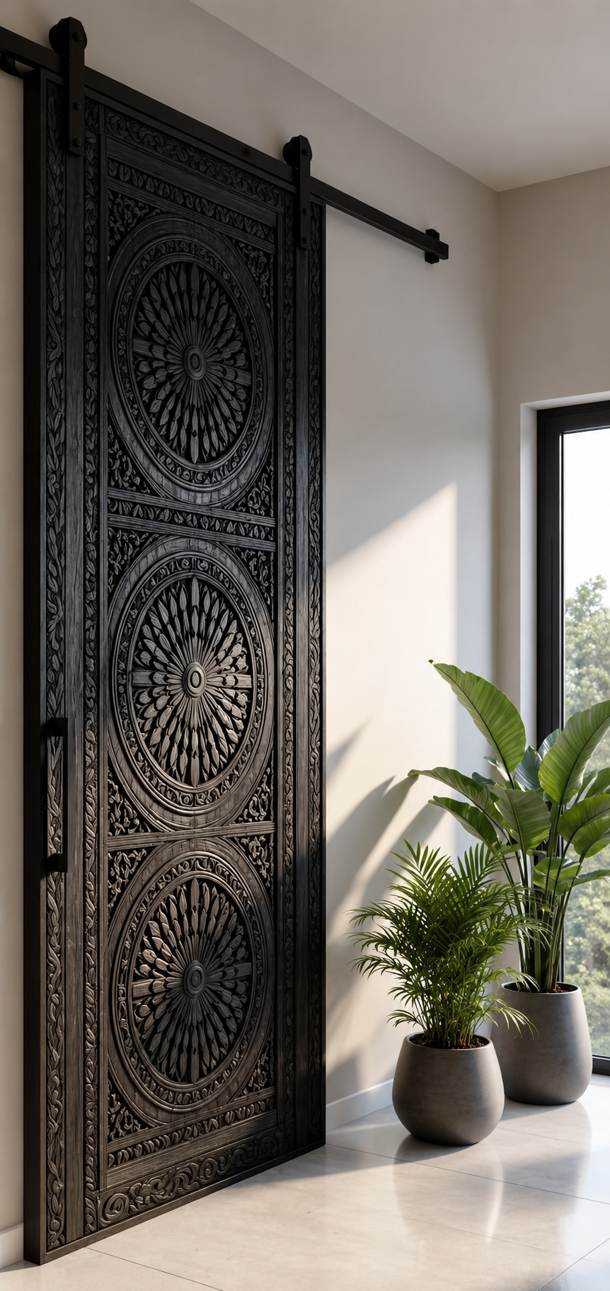 Solid Wood Hand-Carved Sliding Room Divider – Traditional Floral Artwork