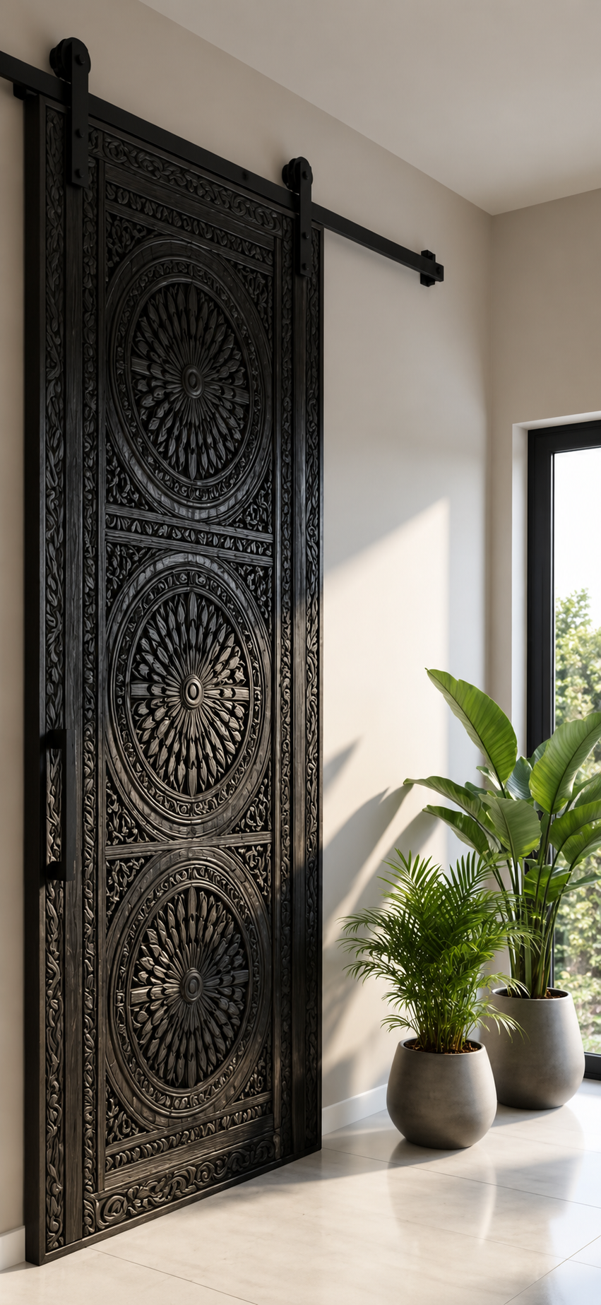 Solid Wood Hand-Carved Sliding Room Divider – Traditional Floral Artwork – view 2