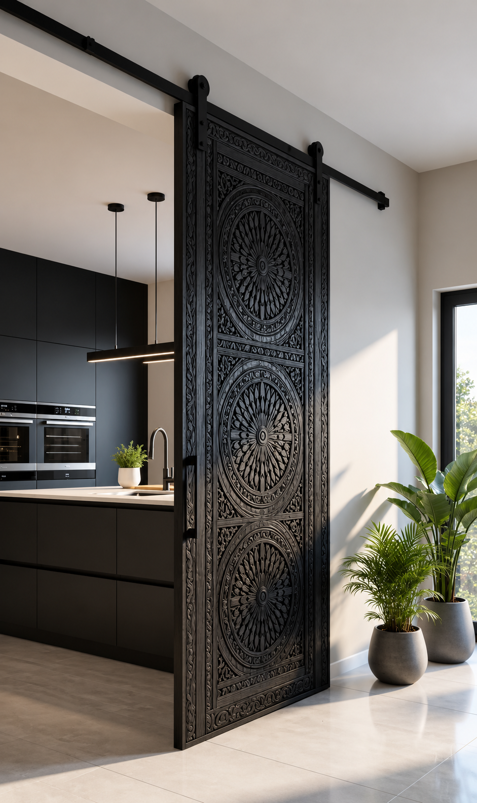 Solid Wood Hand-Carved Sliding Room Divider – Traditional Floral Artwork – view 3