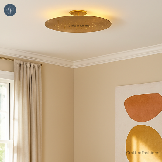 Concave Dish Ceiling Light with Mid-Century Modern Raw Brass Sputnik Design