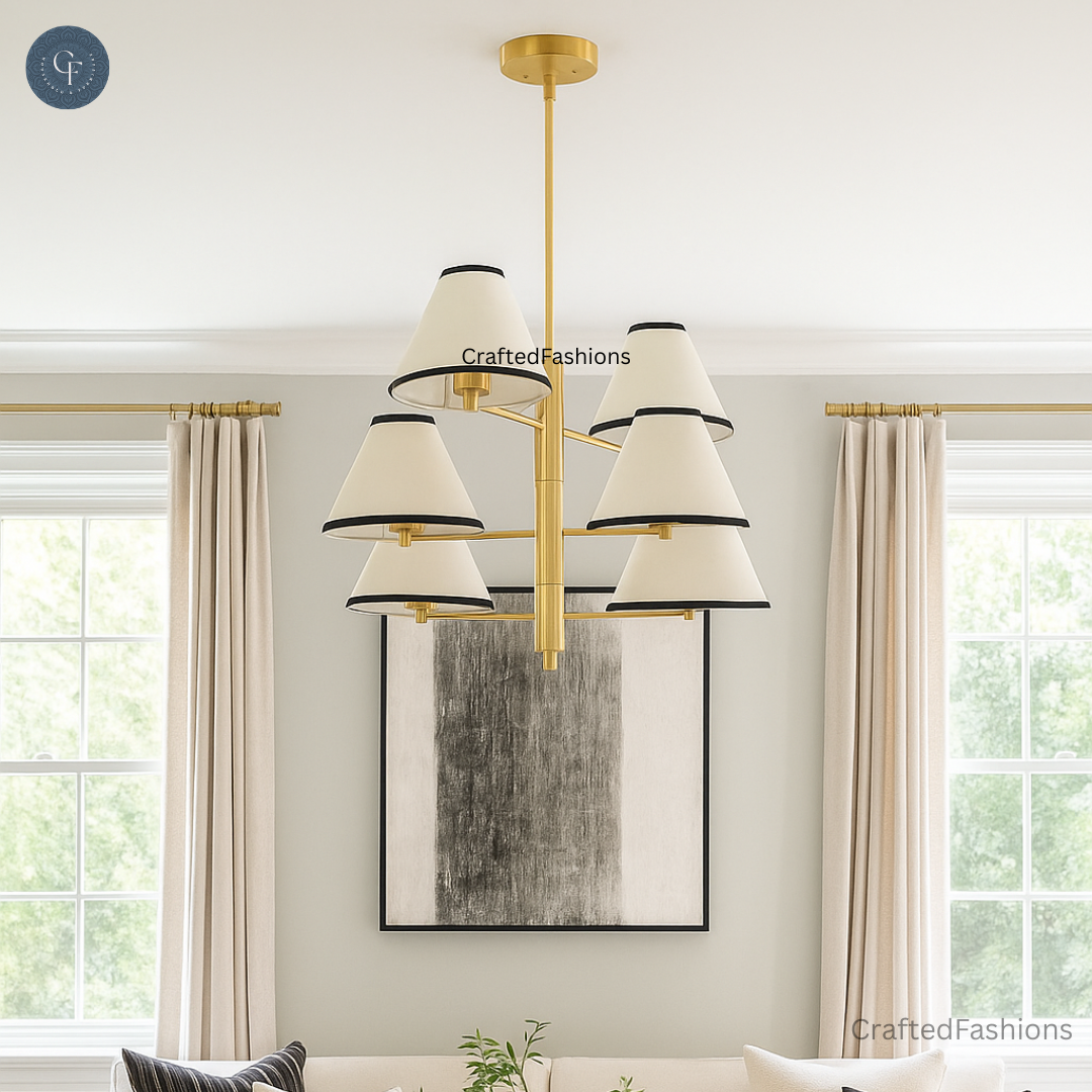 Handmade mid-century brass wall light with a sleek cone shape and cloth shade