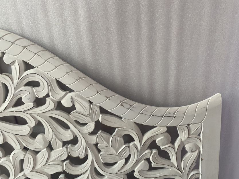 Luxurious Bohemian hand-carved white coastal king bed headboard by Crafted Fashions