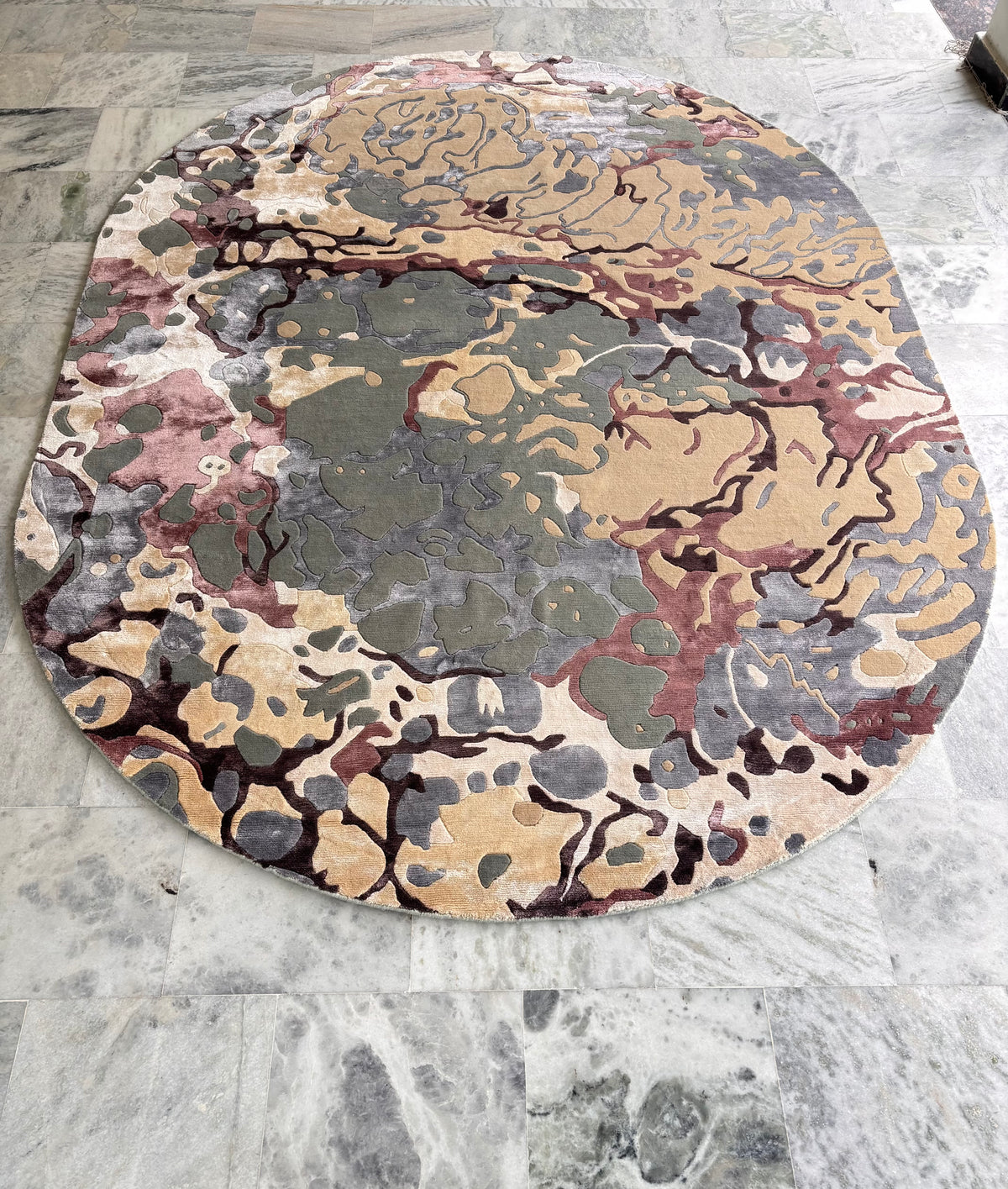 Hand-Knotted Abstract Oval Rug – Multi-Color Wool & Silk, Cut Pile – view 3