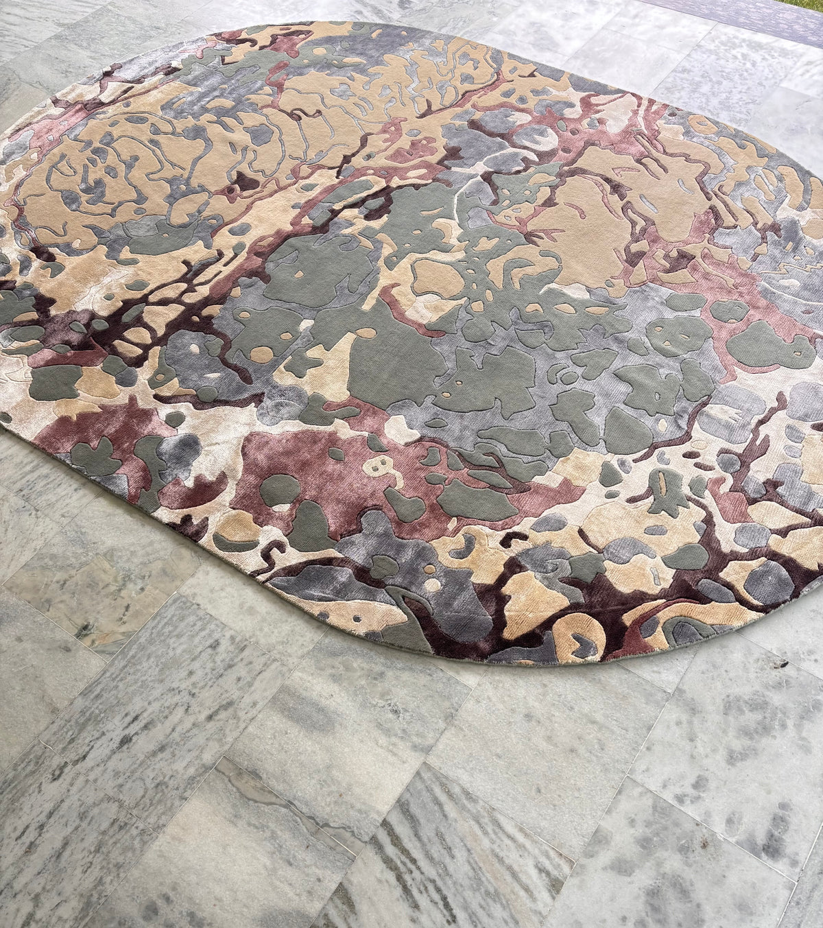 Hand-Knotted Abstract Oval Rug – Multi-Color Wool & Silk, Cut Pile – view 4