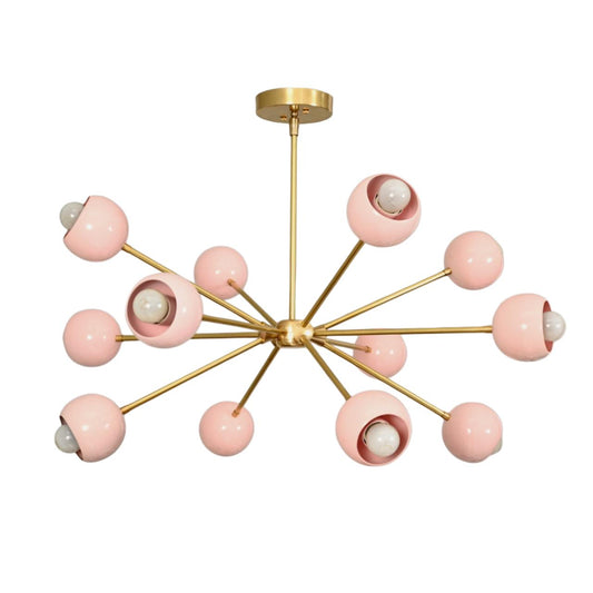 Elegant twelve-arm light pink Sputnik chandelier, a vibrant mid-century starburst fixture