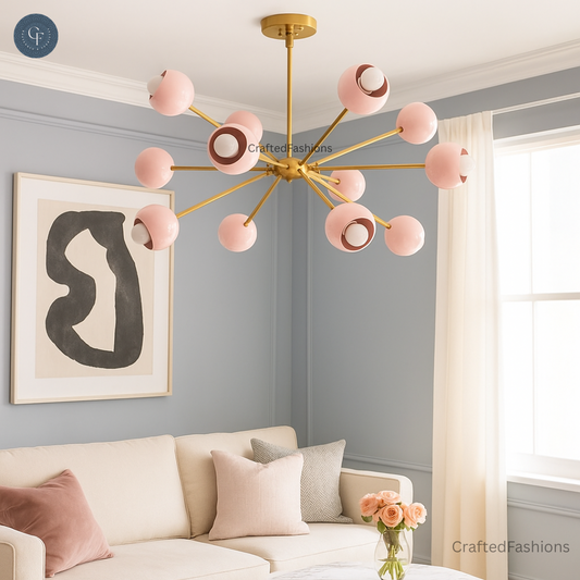 Elegant twelve-arm light pink Sputnik chandelier, a vibrant mid-century starburst fixture