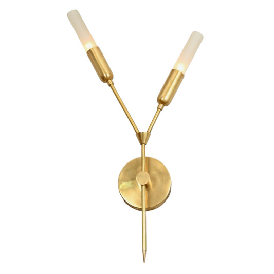 Illuminate your space with the Glass Tube Wall Sconce, featuring raw brass accents