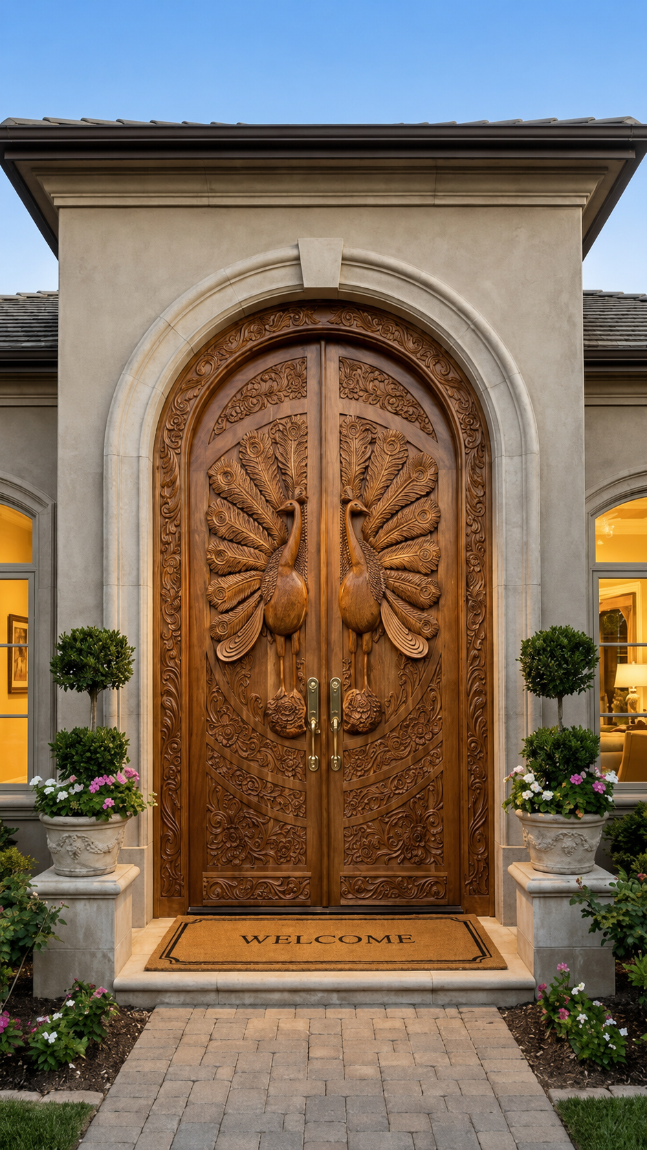 Solid Hardwood Hand-Carved Sliding Door – Peacock Feather Carving