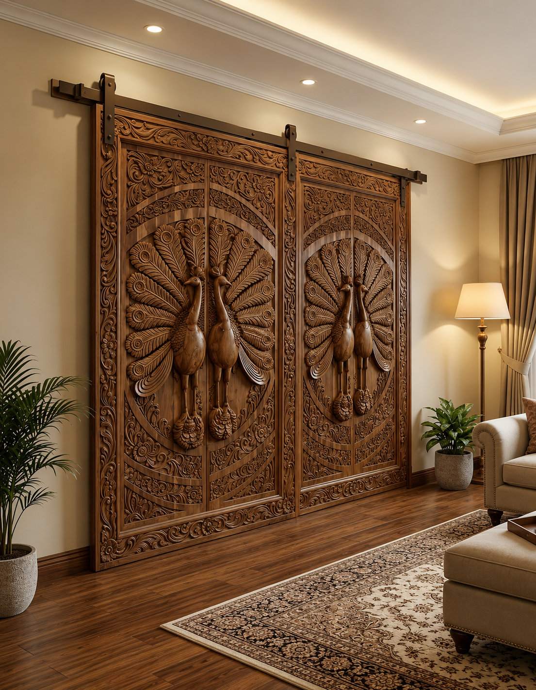 Solid Hardwood Hand-Carved Sliding Door – Peacock Feather Carving – view 2