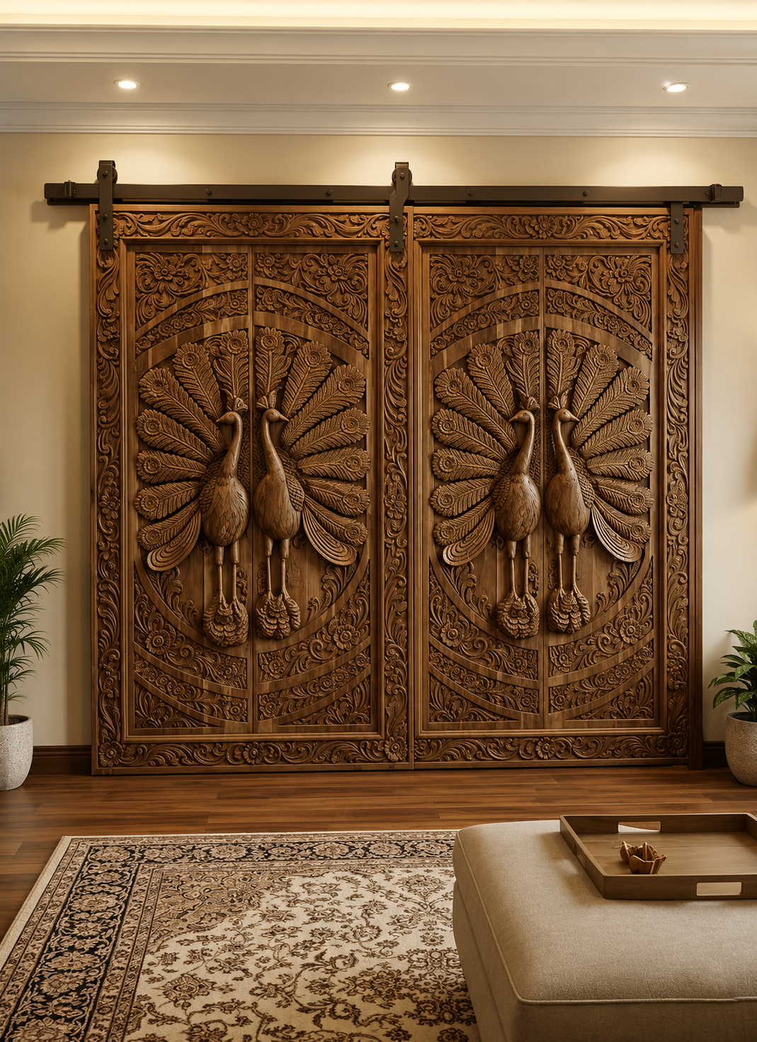 Solid Hardwood Hand-Carved Sliding Door – Peacock Feather Carving – view 3