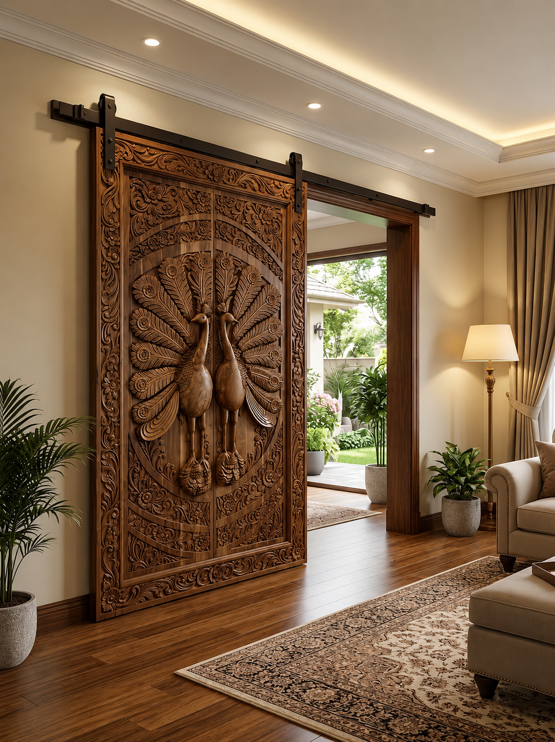 Solid Hardwood Hand-Carved Sliding Door – Peacock Feather Carving – view 4
