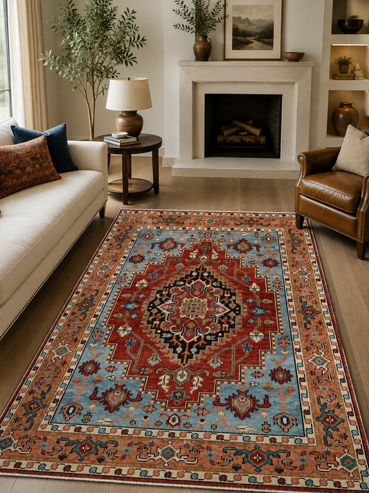 Hand-Knotted Heriz Area Rug – Multi-Color Wool & Silk, High-Low Pile
