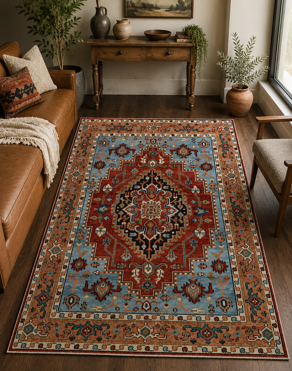 Hand-Knotted Heriz Area Rug – Multi-Color Wool & Silk, High-Low Pile – view 2