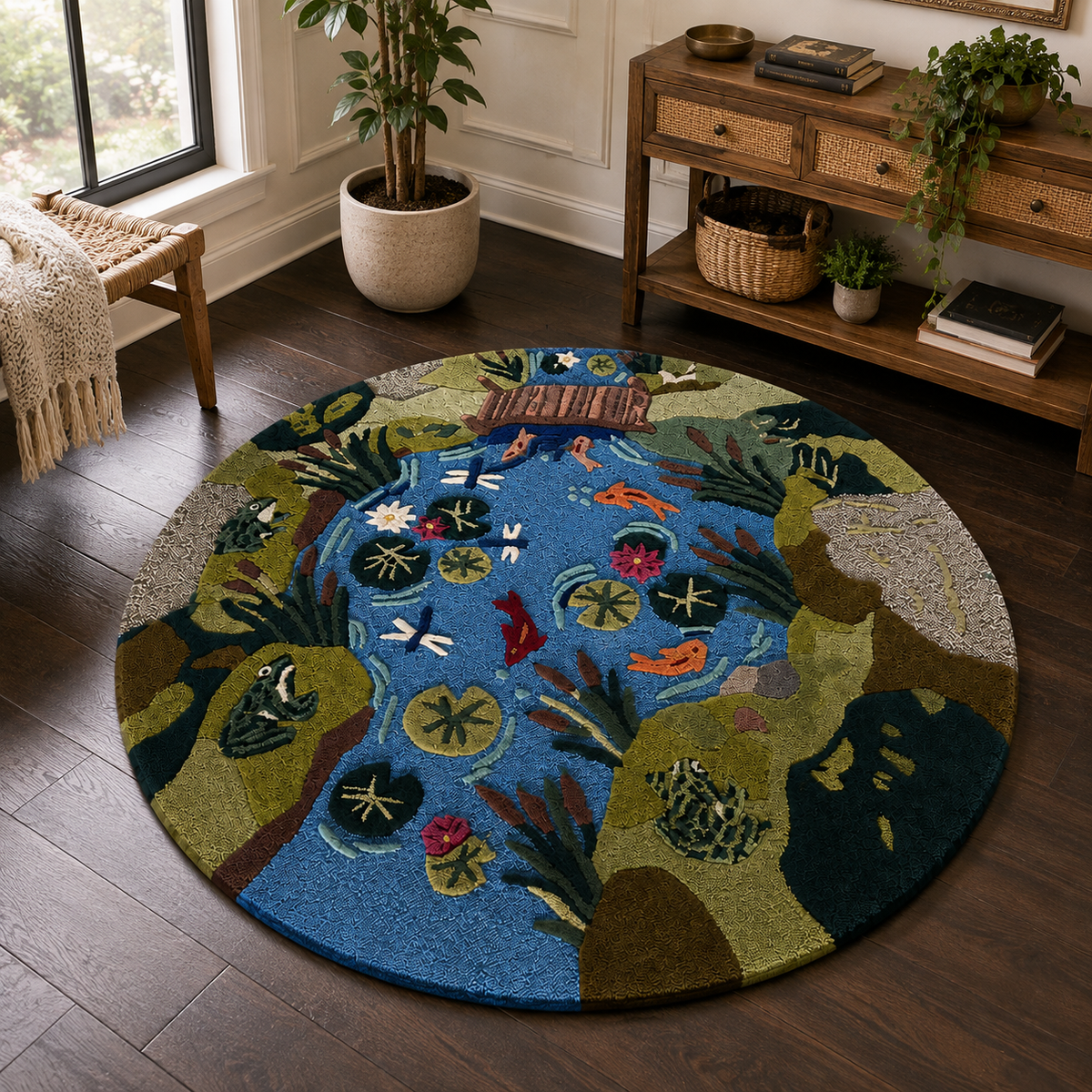 Hand-Tufted Koi Fish Moss Rug – Green Wool, Round High-Low Pile