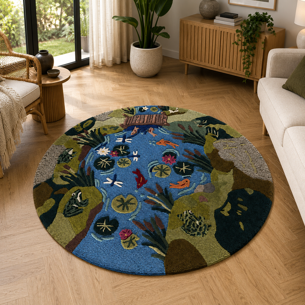 Hand-Tufted Koi Fish Moss Rug – Green Wool, Round High-Low Pile – view 2