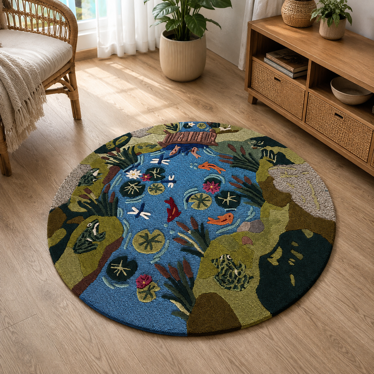 Hand-Tufted Koi Fish Moss Rug – Green Wool, Round High-Low Pile – view 3