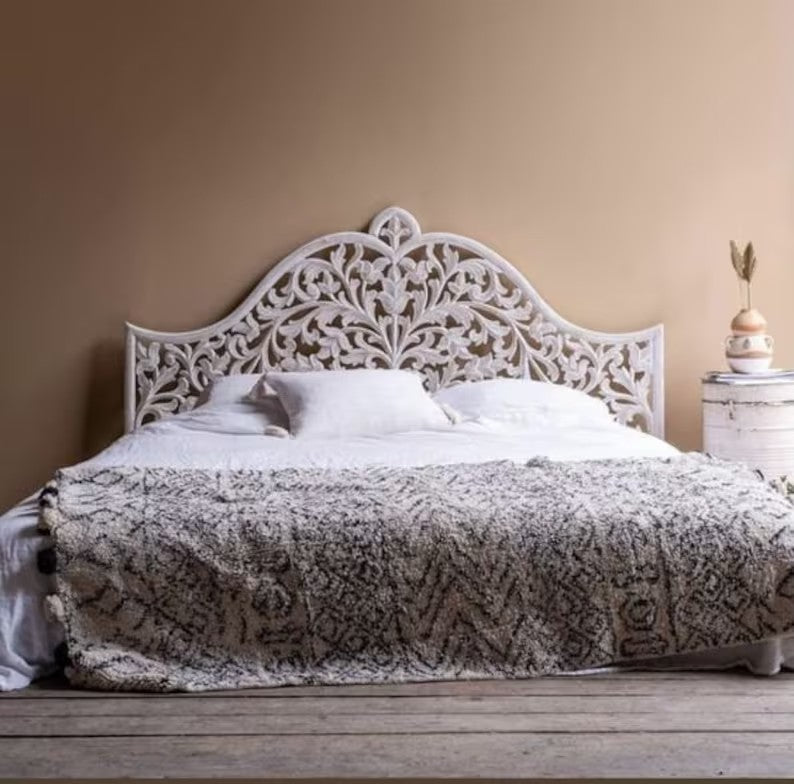 Luxurious Bohemian hand-carved white coastal king bed headboard