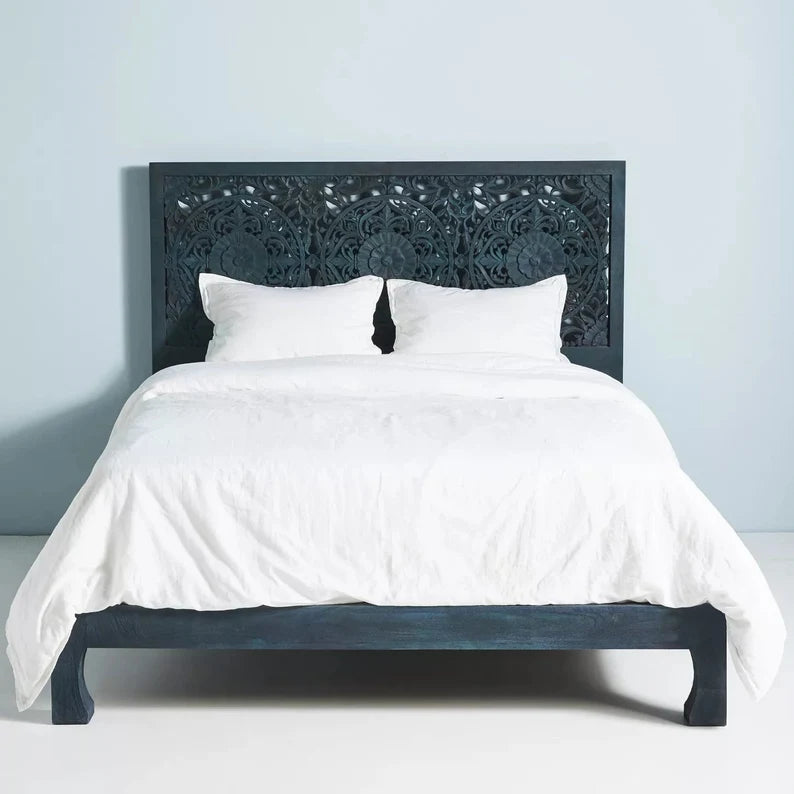 Crafted Fashions Handcarved Hardwood Bed Headboard, Traditional Carving Tropical Styles