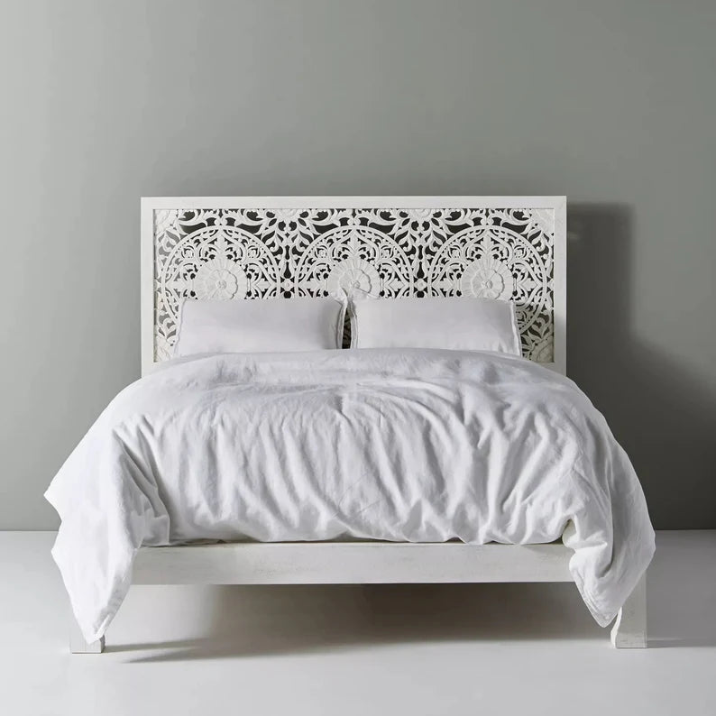 Crafted Fashions Handcarved Hardwood Bed Headboard, Traditional Carving Tropical Styles