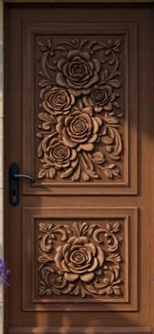 Natural Wood Hand-Carved Exterior Door – Ornate Rose Panel Carvings