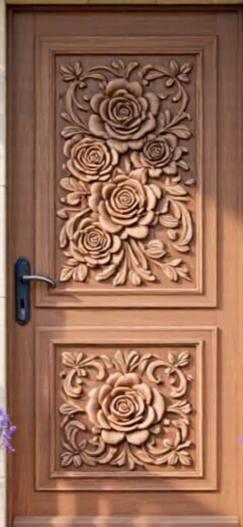 Natural Wood Hand-Carved Exterior Door – Ornate Rose Panel Carvings – view 2