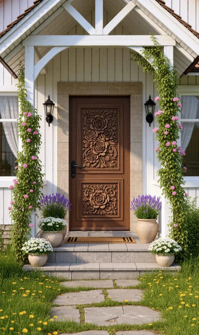 Natural Wood Hand-Carved Exterior Door – Ornate Rose Panel Carvings – view 3