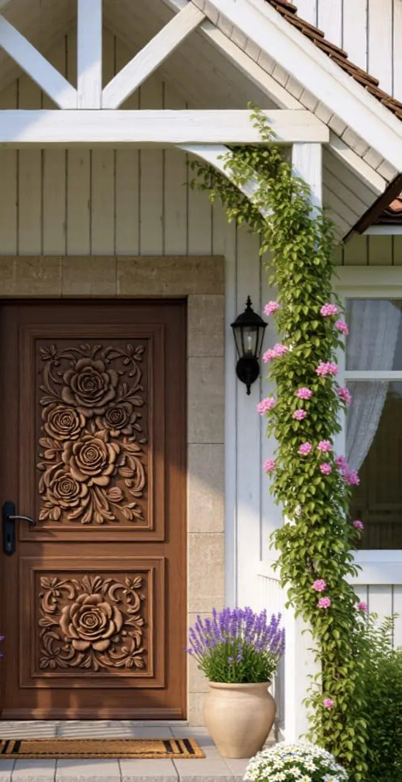 Natural Wood Hand-Carved Exterior Door – Ornate Rose Panel Carvings – view 4