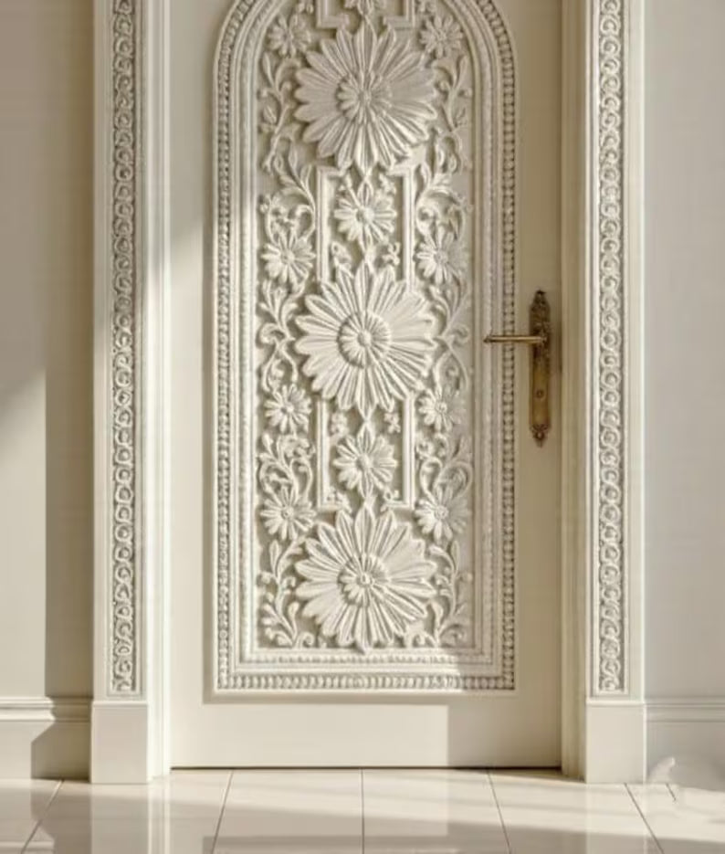 Natural Wood Hand-Carved Partition Door – Decorative Floral Medallions