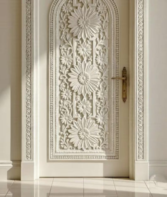 Natural Wood Hand-Carved Partition Door – Decorative Floral Medallions