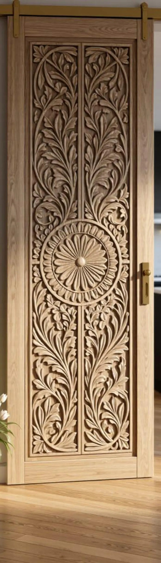 Natural Wood Hand-Carved Sliding Partition Door – Floral Medallions & Jaali