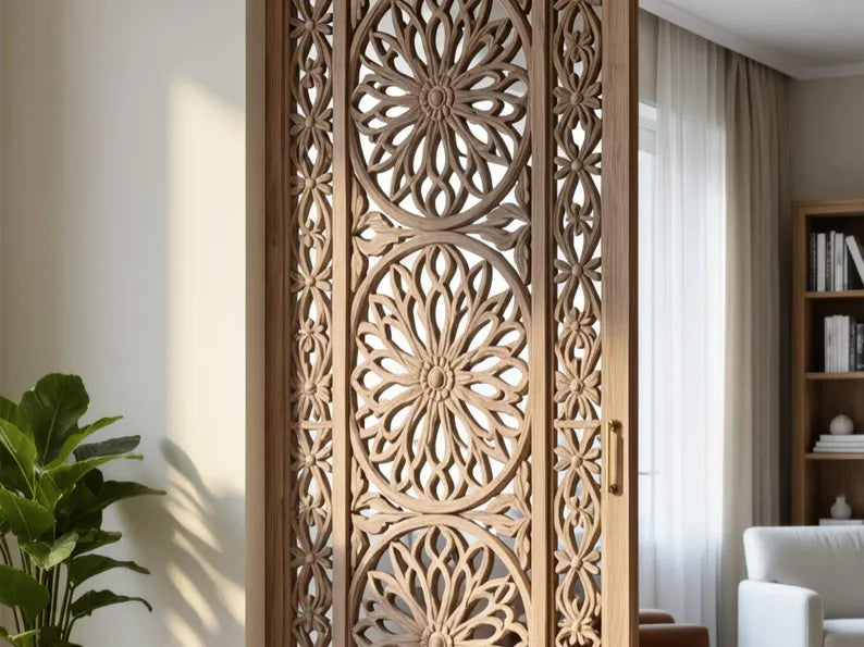 Natural Wood Hand-Carved Sliding Partition Door – Artisan Floral Carvings – view 2