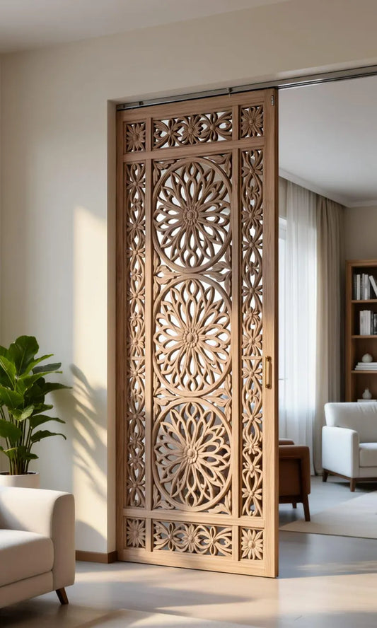 Natural Wood Hand-Carved Sliding Partition Door – Artisan Floral Carvings