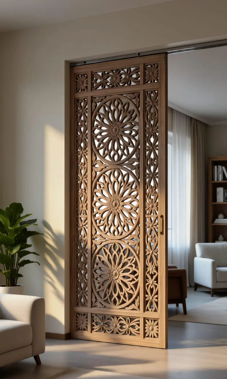 Natural Wood Hand-Carved Sliding Partition Door – Artisan Floral Carvings – view 3